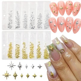 400Pcs Star Nail Charms for Nail Art Gold Nail Charms and Gems Silver Nail Rhinestones Flat Back Multi Shape Stars Nail Art Charms Metallic Studs Nail Jewelry for Women Girls DIY Nails Art Designs