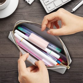 COGICOGI Pencil Case, Stylish, Pen Case, Simple, Girls, Boys, Students, Adults, Cute, Large Capacity, Made of PU Leather, S-Grey, Asian,Modern