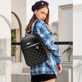 NICOLE & DORIS Women Backpack Fashion Backpack Handbag Casual Daypack PU Leather Backpacks Small Rucksack School Bag College Travel Backpack Studded Design Black
