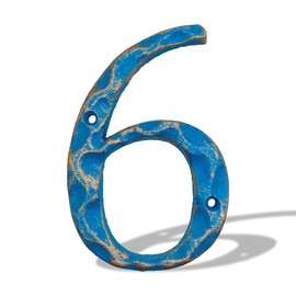 5.5 Inch House Numbers- Unique Cast Iron Metal Address/Mailbox Number for Outside or Front Door, Handmade Gold & Blue Finish (Number 6)