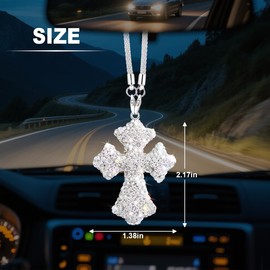 FALVFUN Bling Cross Car Rear View Mirror Hanging Ornament, Crystal Rhinestones Religious Vehicle Rearview Mirror Pendant Charm, Auto Interior Decoration Accessories, Universal Fit (White)