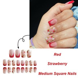 Strawberries Press on Nails Short Square Fake Nails with Design White Flower Glue on Nails Red French tips Stick on Nails Glossy Spring Nails Reusable Summer False Nails for Women Girls Manicure 24pcs