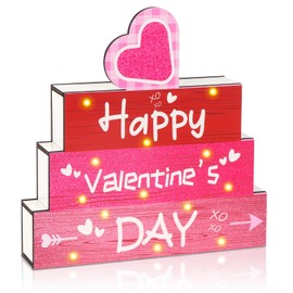 Valentine’s Day Wooden Table Decor with LED Lights, Happy Valentine’s Day Heart Sign, Light Up Wood Centerpiece for Home Tabletop, Shelf and Mantel Decoration