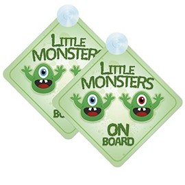 Children on Board Car Signs Twin Pack 2pcs - Little Monsters Design with Strong Suction Cups | QG Ltd