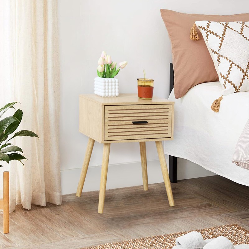 2 Sets Striped Grooved Nightstand with Solid Wood Storage Drawer,