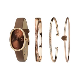 TIME100 Women's Oval Watch and Premium Crystal Accented Bracelet Set, Leather Band, Brown