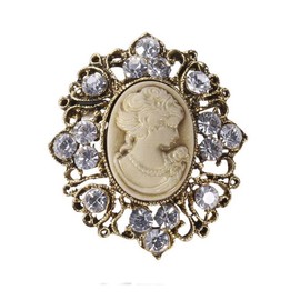 Générique Women's Cameo Bust Brooch Beige and Crystal Rhinestones, Bronze Steel, 5 x 4 cm, Stainless Steel