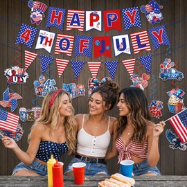 4th of July Decorations, Patriotic Happy 4th of July Banner and Hanging Swirl Decorations, Red White and Blue Independence Day Party Supplies for BBQ, Backyard, Porch, Home, Office, Classroom