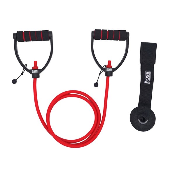BOSS FITNESS PRODUCTS - Ultra Premium D-Handle Single Resistance Band - Adjustable Band Length - with Extra Large Heavy Duty Door Anchor (Red)