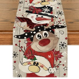 Artoid Mode Reindeer Santa Claus Snowflake Christmas Table Runner, Seasonal Winter Kitchen Dining Table Decoration for Home Party Decor 13x90 Inch