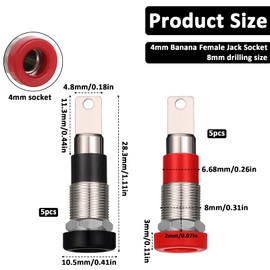 10 Pcs Banana Jack Female Banana Plug Connectors, 4mm Female Socket Binding Post Adapter, Brass Soldering or Crimping Type Bananas Plug Adapters for DIY Test Projects, Speaker Terminal (Black and Red)