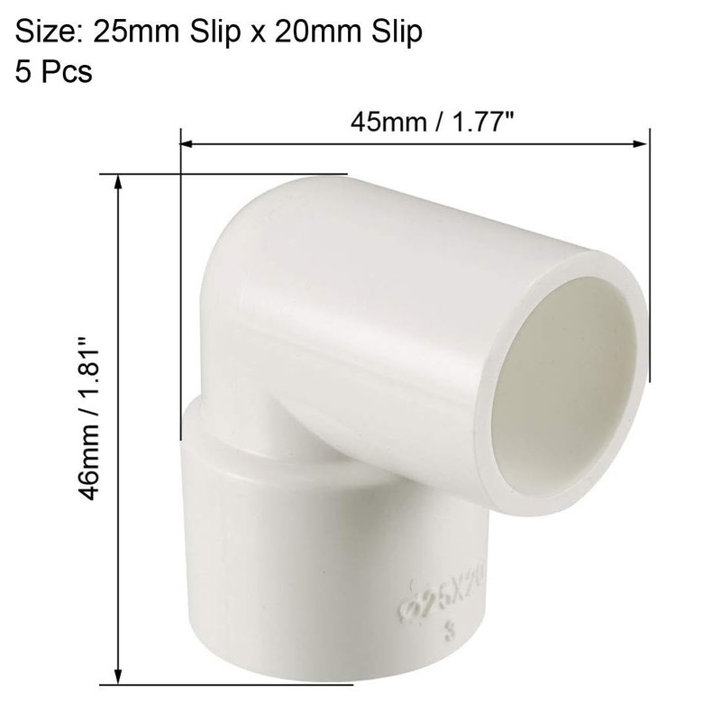 TOP-VIGOR 5Pcs 25mm Slip x 20mm Slip 90 Degree PVC