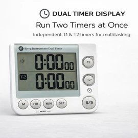 Bjerg Instruments Dual Digital Kitchen Timer – Count Up & Countdown Timer with Large LCD Display, Magnetic Back, Loud Alarm, Stand-Up Design (White)