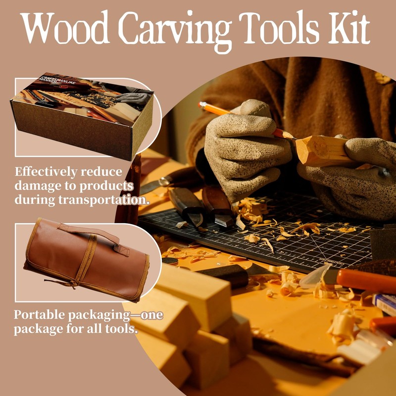 EDIETH 44Pcs Wood Carving Kit with Leather Case Complete Whittling