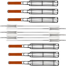 DEAYOU Set of 12 Kabob Grilling Baskets and Skewers, Stainless Steel BBQ Grill Basket Kebab Skewer, Nonstick Portable Barbecue Grate with Handle for Fish, Veggies, Steak (6 Baskets and 6 Skewers)