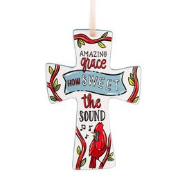 Glory Haus "Amazing Grace Red Bird Wall Cross - Ceramic Cross Decor, 4.5"x 6.5" Decorative Cross, Faith-based Home Accent, Christian Decorations, Inspirational Lyrics Art, Ready-to-Hang Design