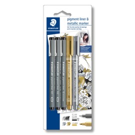 STAEDTLER pigment liner und metallic Marker im Set, hohe Qualität, Set mit 3 Finelinern schwarz und 2 Metalic Markern gold und silber, 308 SBK3P3
