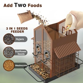 FlowaFoli Bird Feeders for Outdoors, Metal Bird Feeder with Double Suet Cage Weatherproof Metal Roof, 2 in 1 Mixed Seeds Suet Feeder, 4Lbs Large Capacity, Great for Finch、Cardinal、Chickadee（Brown）