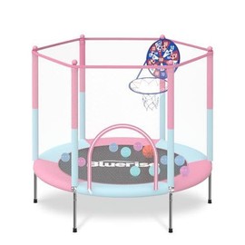 Trampoline 55IN 6FT for Indoor Outdoor Play Basketball Hoop Attachment with Enclosure Net Easy to Assemble - Color: Blue / Pink, Size: 55IN
