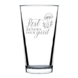 Hand Engraved Mushroom Design Pint Glass, Rest Renews Your Spirit Quote, Etched 16oz Standard Unique Glassware, Item