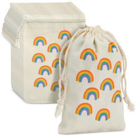 Juvale Rainbow Canvas Bags - 4 x 6 In, Pack of 12 - Mini Canvas Drawstring Bags for Kids & Party Favors - Rainbow Design