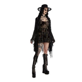 Dolls Kill Befallen Romance Mini Dress by Widow – Sheer Mesh Mini Dress with Velvet Rose Detail & Lace-Up Back, Black - XX-Small