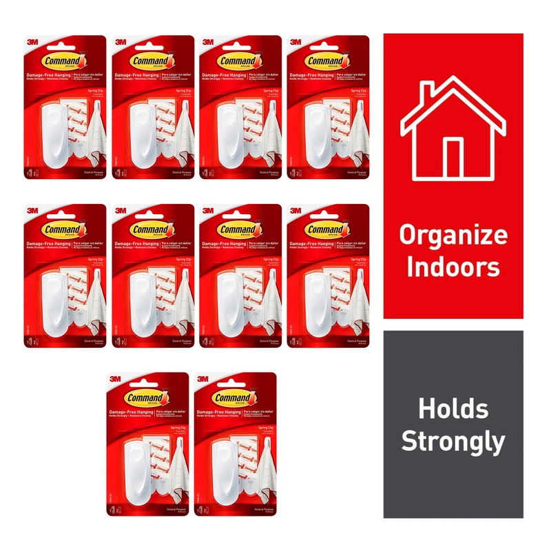 Command Spring Clips, White Spring-Loaded Wall Hooks, 10 Clips +