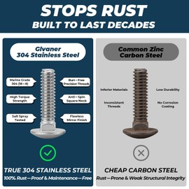 1/4-20 x 1-1/4 Inch Carriage Bolt Kit, 304 Stainless Steel (18-8) with Hex Nuts & Flat Washers - 10 Sets, Round Head Square Neck, Full Thread Coverage by Glvaner