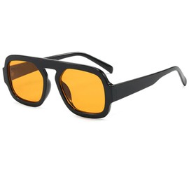 piscm Trendy Hexagon Aviator Sunglasses for Women Men 70s Retro Square Flat Top Geometric Sun Glasses Shades(Black/Orange)