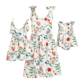 PopReal Mommy and Me Floral Printed Shoulder-Straps Bowknot Halter Chiffon Beach Mini Sundress,White,mom-M