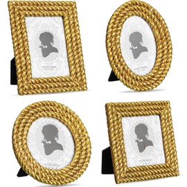 Vicenpal 4 Pcs Small Gold Picture Frames Vintage Mini Photo Frames Oval Baroque Antique Ornate Decor Rectangle for Gallery Hotel Wall Jewelry Photo Tabletop Display, 2.5x3.5 Inch, 3x3 Inch(Rope)