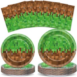 Pixel Party Plates and Napkins Decorations Pixel Theme Disposable Birthday Party Tableware Set Includes 8-bit Elements Paper Plates Set and Video Game Napkins Gamer Party Supplies for 25 Guests