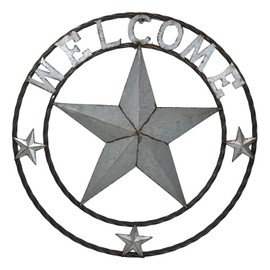 Ebros Gift Oversized 24" Diameter Vintage Rustic Western Large Lone Star Welcome With Triple Mini Stars Galvanized Metal Wall Circle Sign Decor Plaque 3D Art Country Farmhouse Accent
