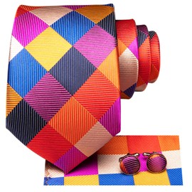 Hi-Tie Mens Plaid Ties Classic Paisley Necktie with Handkerchief Cufflinks Set Business Stripe Tie,Colorful Plaid