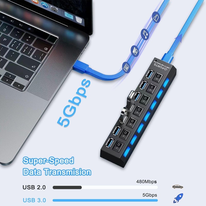 USB Hub 3.0, VIENON 7-Port USB Extender Splitter with Individual