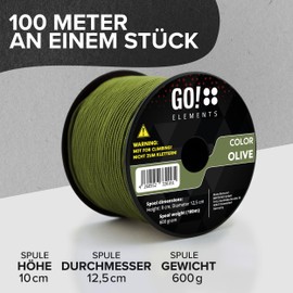 GO!elements 100 m Paracord Rope Made of Tear-Resistant Nylon - 3 mm Paracord 425 Type II Max. 192 kg - Cord for Outdoor Ropes, All-purpose Ropes, Survival Ropes, Bracelets, Dog Leads, Nylon Cord, green