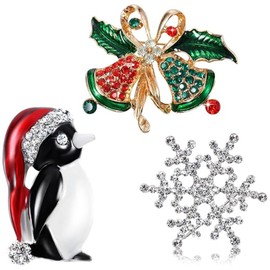Otuuz 3 Pieces Christmas Brooch Pins Rhinestone Crystal Badges Flashing Elegant Brooch Lapel Pins for Men Women Girls Xmas Party Decorations,snowflake,penguin,bell Bow Knot