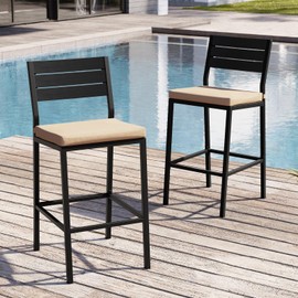 Crestlive Products Outdoor Bar Stools Set of 2, Counter Height Bar Stools with Cushions Patio Bistro Tall Chairs with Back and Footrest for Deck, Lawn, Garden, Backyard, Poolside (Beige)