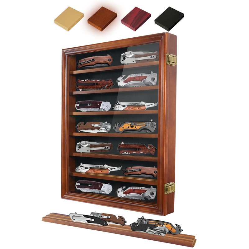 ASmileIndeep Pocket Knife Display Case 7 Rows Lockable Wooden Knife
