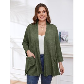BELAROI Plus Size Cardigan Lightweight Cardigan Sweaters for Women Casual Open Front 3/4 Sleeve Soft Drape Cardigan Duster Cover Up (2X, D-Army Green)
