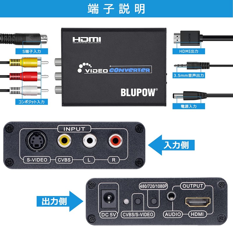 BLUPOW VA504 Composite/S Connector to HDMI Converter, 1080P Compatible, Composite