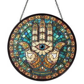 RVEAFA Hamsa Hand Stained Glass Window Hanging Hand of Fatima Sun Catcher Decor Protection Charm Suncatchers for Home Windows Hanging Decoration, 7.87inch