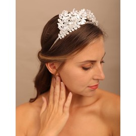 YERTTER Vintage Wedding Leaf Tiara Hair Crown Handmade Bride Hair Band Bridal Greek Goddess Pearl Head Pieces for Wedding Prom Birthday Party, Pearl