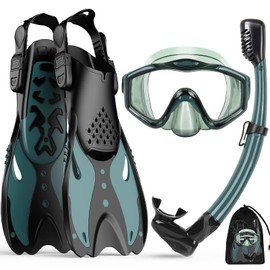 KUYOU Mask Fins Snorkeling Gear for Adults - Wide View Anti-Fog Mask, Full Dry Top Snorkel Gear Set (Dark Celadon, S/M)
