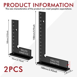 2 Piece Engineer's Square Set, Try Square Carpenter's Square with Measuring Scale (cm) 90°, Engineer's Square Set for Precise Work Ribbed