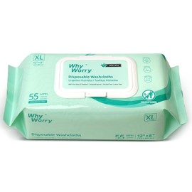 WhyWorry Wet Wipes for Adults, 8"x12" Extra Large Body Cleaning Wipes for Elderly Incontinence, Extra Thick Disposable Washcloths with Aloe & Vitamin E for Camping, Gym & Bathing, Unscented, 55 Count