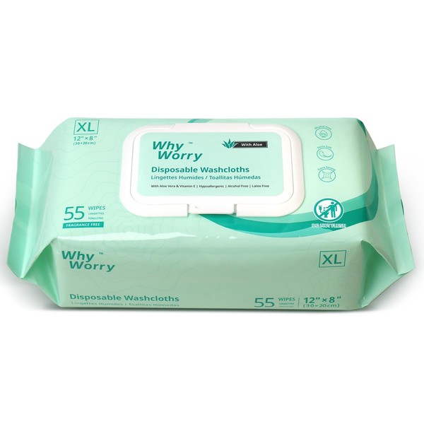 WhyWorry Wet Wipes for Adults, 8"x12" Extra Large Body Cleaning
