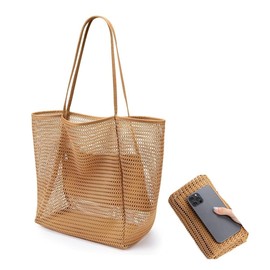 Youngfull Mesh Tote Bag, Foldable, Lightweight, Pool Back, Large Capacity, Breathable, Quick Drying, With Pockets, Spa, Swimming, Hot Springs, Bathing, Beach/Eco Bag, Net Bag, Braun