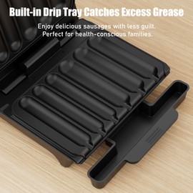 KEINVE Hot Dogs Machine, Electric Grill with Oil Drip Tray, and Cord Storage, Ideal for Veggie Sausages, BBQ or Sausage, Nonstick Plate for Easy Clean