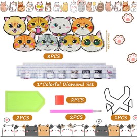 FOWSEEK 8 PCS Cat Diamond Art Coasters with Holder, DIY Cat Diamond Painting Coasters, Diamond Painting Kits for Beginners Adults Art Craft Supplies